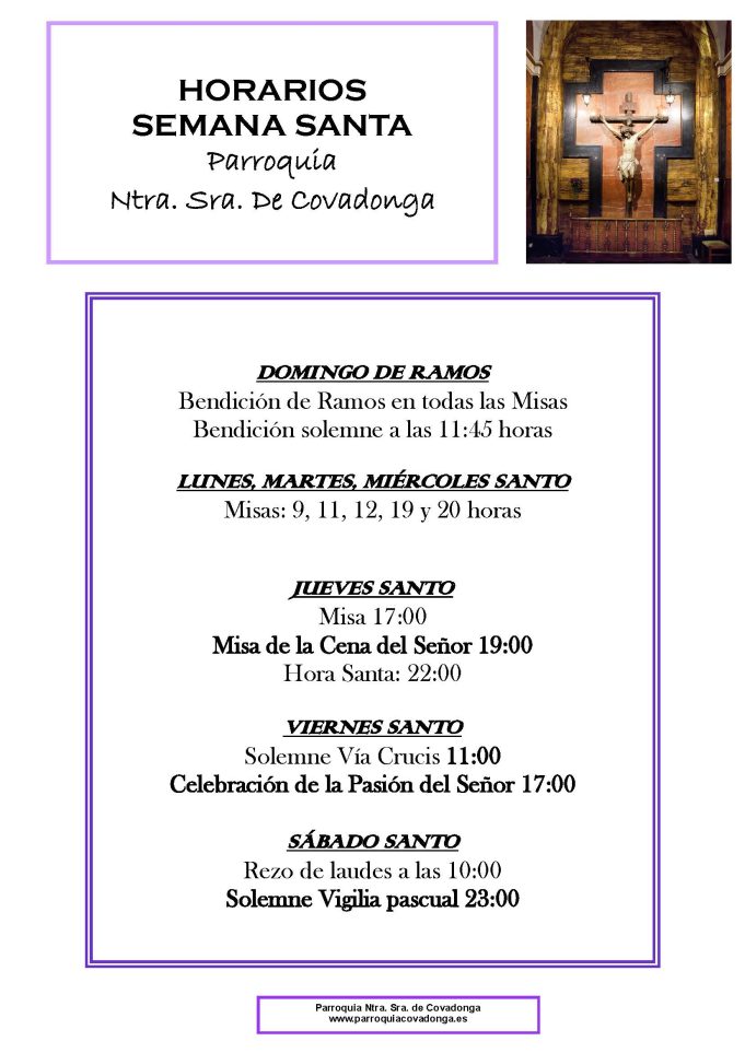 HORARIOS SEMANA SANTA en la parroquia Ntra. Sra. De Covadonga