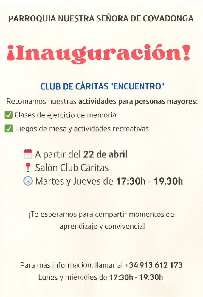 Vuelve el Centro de Mayores de Cáritas de Nuestra Señora de Covadonga