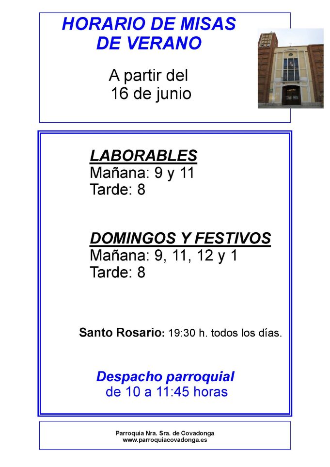 Horario de misas en varano (desde el 16 de junio de 2025)